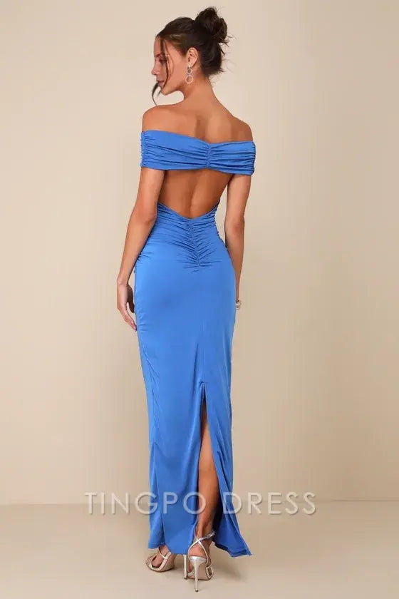 TingPo Wholesale Signature Elegance Brilliant Blue Off-the-Shoulder Backless Maxi Dress formal wear dresses